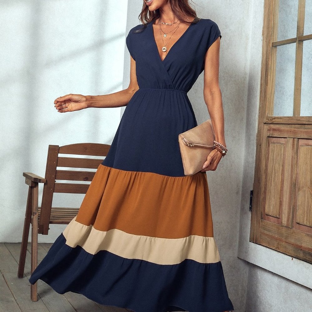 New Colorblock Surplice Neck Dress Navy Blue